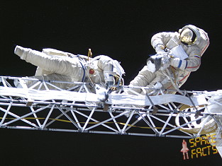 Während der EVA am 16. April 1999 setzen Jean-Pierre Haignere und Wiktor Afanassjew den Amateurradio-Satelliten Sputnik 99 aus