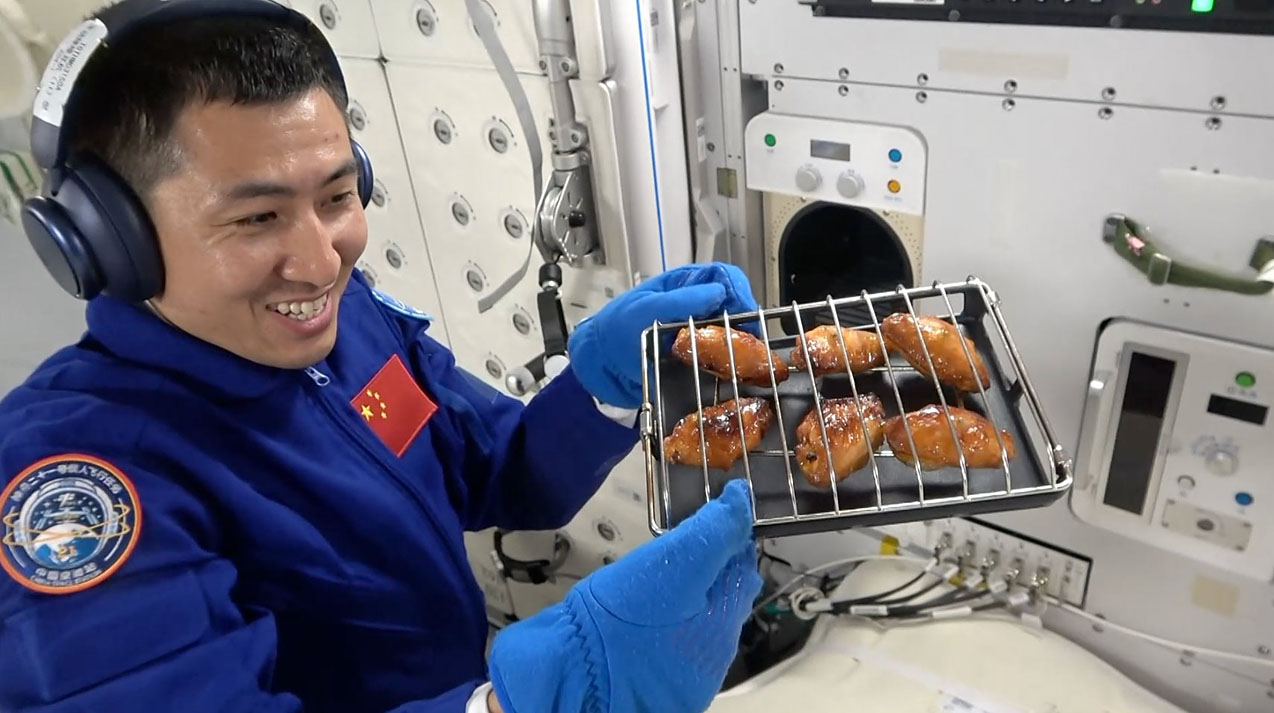 Taikonauts used a hot air oven to roast chicken wings and grill steaks right in space